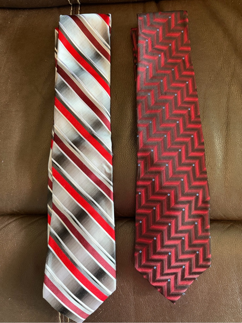 Van Heusen Silk Red and Gray Men's Tie Set - Striped & Chevron Patterns Set of 2